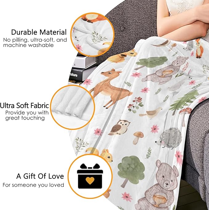 Thuswarm Cute Animals in The Woodland Flannel Blanket for Autumn Winter Gifts Warm Cozy Soft Funny Print Throw for Bed Couch Sofa 120”×90” Extra Large for Family