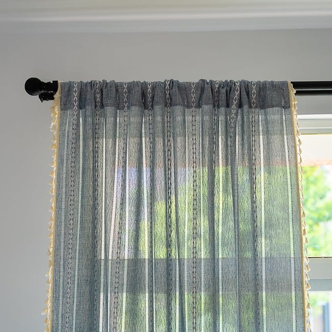 Deeprove Blue Boho Curtains 84 Inches Long for Bedroom Living Room Kitchen, Bohemian Chic Textured Embroidery, Vintage Handmade Tassels Farmhouse Decor Drapery, Rod Pocket, 1 Panel W52 x L84