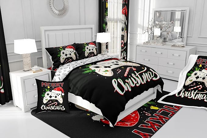 Gamepad Xmas Theme Comforter Set Twin Size,Santa Claus Video Games Bedding Set for Kids Boys Girls Room Decor,Merry Christmas Quilt Set 2Pcs,Gaming Controller Black Duvet Insert,1 Pillowcase