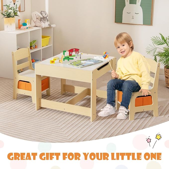 HONEY JOY Kids Table and Chairs, 3-in-1 Children Wooden Activity Set with Storage, Detachable Tabletop, for Art, Craft, Drawing, Reading, Gift for Toddlers Boys Girls 3-7 Years Old (Natural)