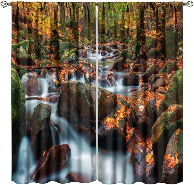 Autumn Waterfall Blackout Windows Curtains, Nature Autumn Forest Farmhouse Window Drapes, for Living Room Bedroom 84" W X 84" L