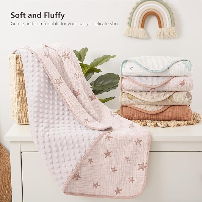 Susurration Baby Blanket for Unisex Boys Girls, Soft Nursery Minky Blanket with Muslin Cotton Front and Dotted Fleece Back, Receiving Blanket for Baby Newborn Infant, 30x40inch (Pink Star)