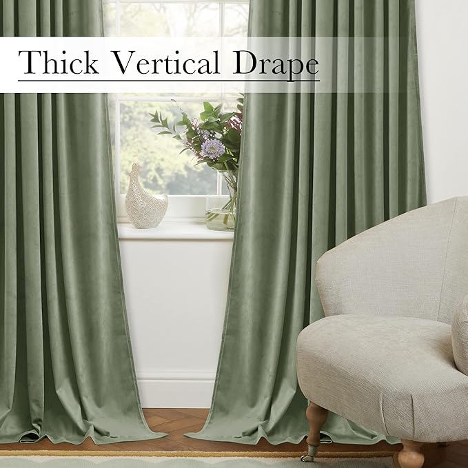 StangH Extra Long Sage Green Velvet Curtains 108 inches - Large Window Thermal Insulated Luxury Drapes in Lively Color for Bedroom/Sliding Door/Hall, W52 x L108, 2 Panels