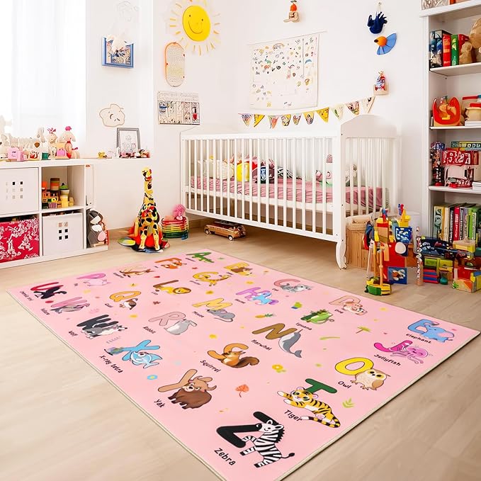 Kids Rugs for Playroom, 5x7 Feet Educational Rug for Learn The ABC Alphabet, Soft Machine Washable Non-Slip Cute Cartoon Animals Carpet for Classroom Toddler Nursery Kids Room Decor, Pink