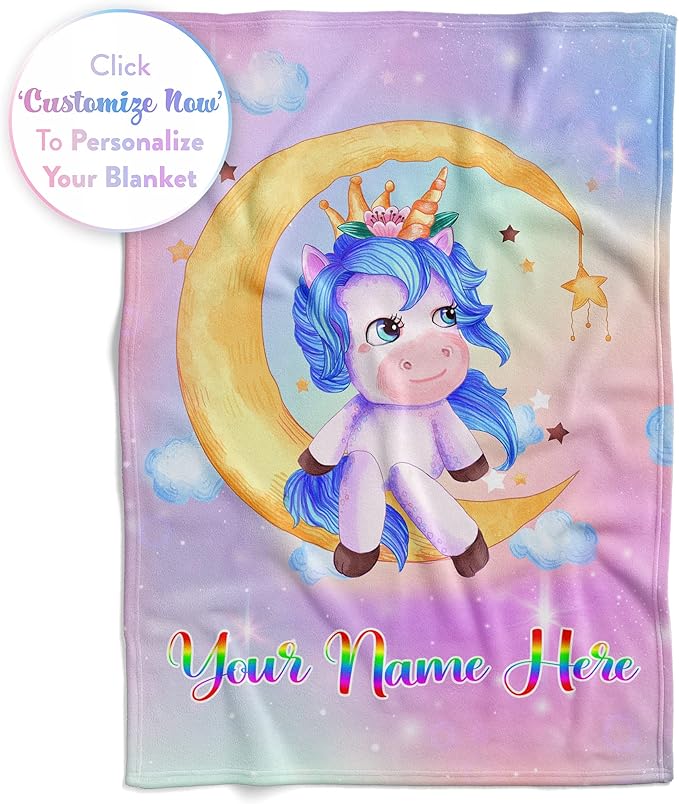 Personalized Unicorn Blanket for Girls | Kids Rainbow Unicorn | Custom Plush Fuzzy Unicorns for Toddler | Customized Little Girl Throw Blankets | Girl Sofa Bed Birthday | Sherpa 60x80