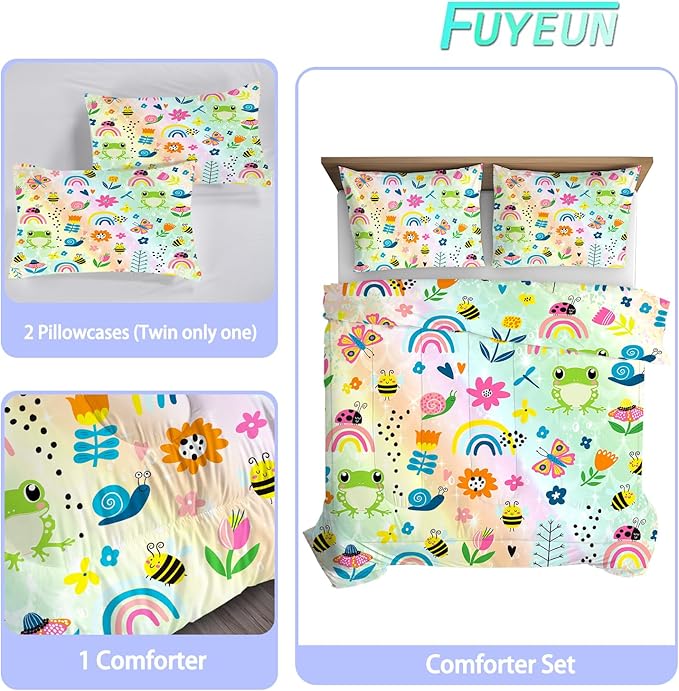 Rainbow Comforter Sets Twin Size Cartoon Floral Frogs Bedding Set for Girls Kids Children Boys Butterfly Flowers Bees Insects Cute Kawaii Quilt 1 Comforter + 1 Pillow Case
