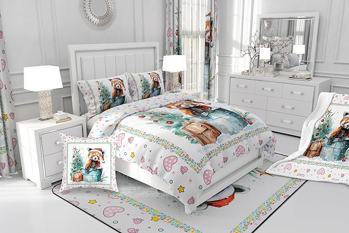 Feelyou Christmas Duvet Cover Set Xmas Tree Bedding Set for Kids Boys Girls Red Panda Love Print Comforter Cover Cute Animal Quilt Cover Room 3Pcs Full Size,Zipper,No Comforter