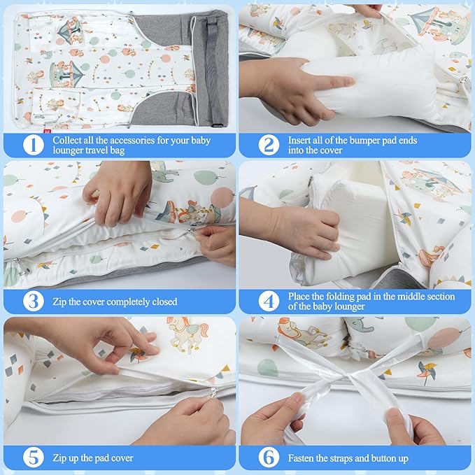 Baby Lounger for Newborn 0-24 Months, Portable Infant Lounger with Soft Breathable Cotton, Adjustable Size Lengthen Space Lightweight & Washable Essentials for Home (3. Carousel)