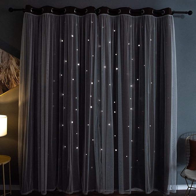 Kinryb Kids Blackout Curtains for Bedroom/Living Room/Classroom, Sheer Overlay Extra Long 2 Panel Set, Double Layer Curtains with Star Cutout for Kids Room(W 52 x L 108 Inches,Chocolate 2 Pcs)