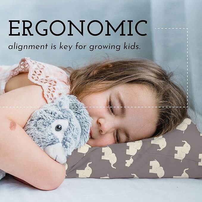 Little Sleepy Head Youth Pillow with Pillowcase 16x22, Soft Jumbo Toddler Pillow & Hypoallergenic Pillowcase - Best Kids Pillows for Sleeping, Perfect Kids Travel Pillow (Elephants Gray)