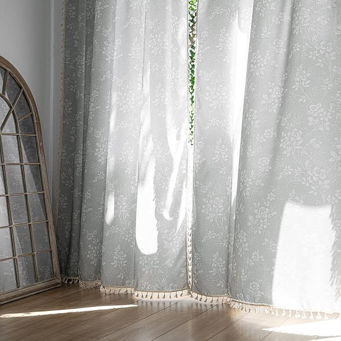 ENJOYBRIDAL Floral Curtains 84 Inch Long Grey Light Filtering Drapes Rod Pocket Bedroom Living Room Semi Sheer Window Curtains 2 Panel Sets Floor Length Farmhouse Boho Cute Window Treatments