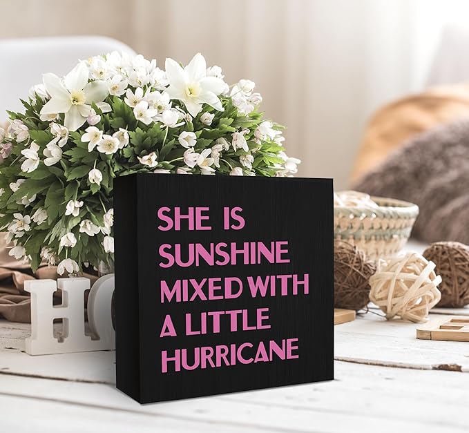 SRADMO She Is Sunshine Mixed with a Little Hurricane Boho Purple Wood Box Sign Desk Decor, Baby Girls Inspirational Wooden Box Decor for Girls Room Nursery Shelf Table Decorative Accessories (Black)