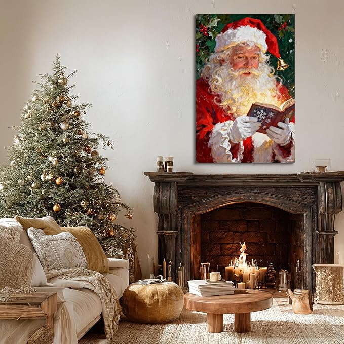YONICA Christmas Canvas Wall Art Reading Santa 20x30 Inch Oil Painting with Glowing Book and Holly - Large Framed Gallery Wrapped Library Decor