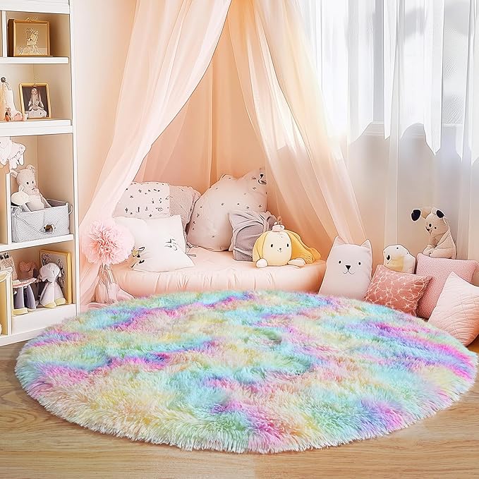 4'x4' Rainbow Round Rugs for Girls Bedroom, Ultra Soft Fluffy Circle Rug for Kids Room, Cute Shag Rugs for Living Room Playroom Tent Castle Home Decor Rug
