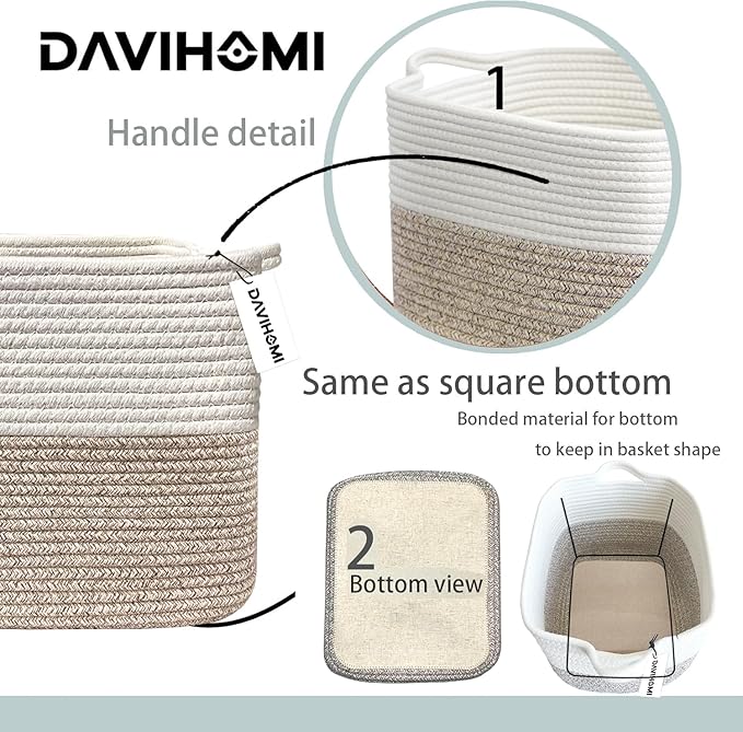 Square Woven Cotton Rope Basket for Organizing, Gift Baskets for Handles, Empty Gift Baskets, Toy Basket for bins|13.5" x 11" x 9.5" home decor for Living Room, Bathroom（White Brown）