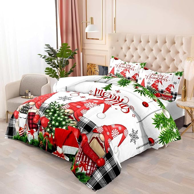 LUVIVIHOME 3PCS Christmas Comforter Set Full Size, Funny Cute Gnome Bedding, Black & White Plaid Snowflake Xmas Merry Christmas Bedroom Decor for Kids Girls Boys Teens White Quilt, 2 Pillow Cases