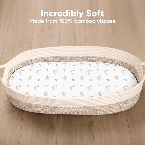 2-Pack Baby Bassinet Sheets Girl, Boy - 33x17 Viscose Derived from Bamboo Bedside Mattress Fitted Bassinet Sheets, Compatible with Halo Bassinest Swivel Sleeper, Baby Delight, Graco(Nibbles/Bruce)