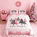 Manfei Merry Christmas Comforter Set Twin Size, Pink Plaid Xmas Trees Bedding Set 2pcs, New Year Cartoon Down Comforter for All Season, Kids Girls Santa Claus Bedroom Decor, 1 Pillowcase, No Sheets