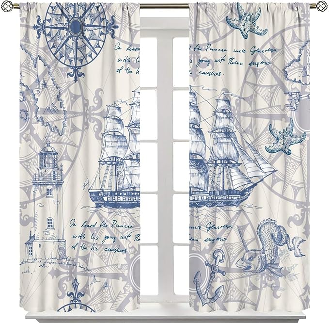 Nautical Sailboat Map Curtain,Ship Compass Lighthouse Anchor Decorative Curtain Polyester Fabric Waterproof Bedroom Curtain Set 2 Panels,63x63 Inches