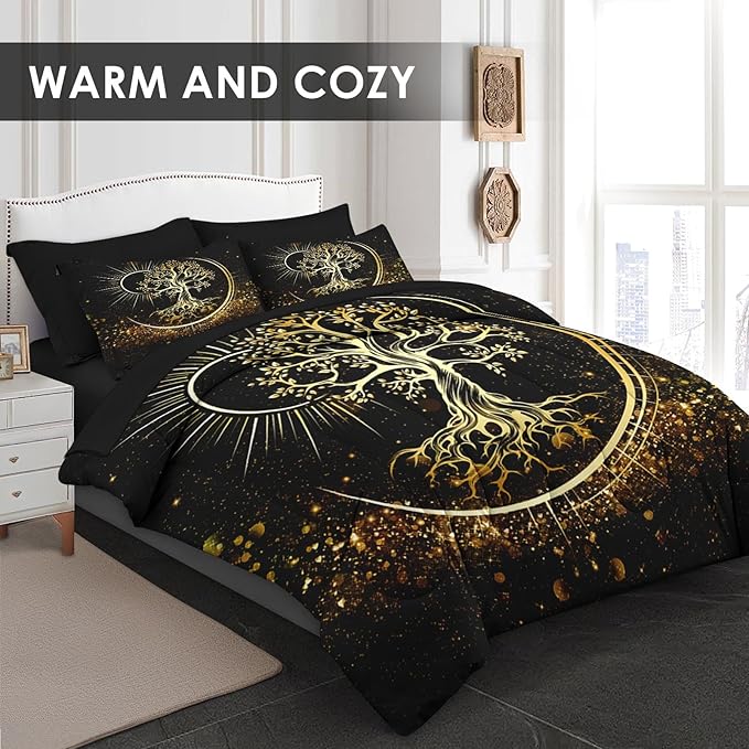 7 Pcs Full Size Comforter Set with 2 Pillowcases & 2 Shams, Black Sun and Moon Bedding for Kids and Adults, Nature Tree of Life Bed in a Bag with Flat Fitted Sheet