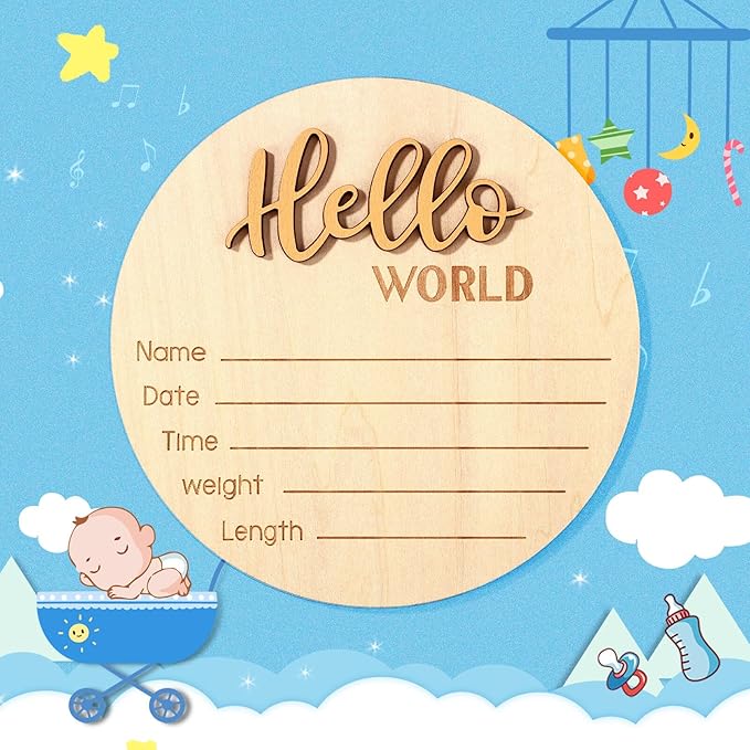 Newborn Announcement Sign, 5.9in Wooden Hello World Baby Welcome Sign Birth Plaques for Newborn Girls Boys Photo Props Baby Shower Hospital Nursery (Gold)