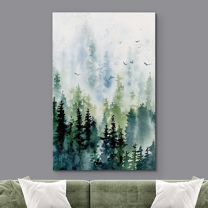 SIGNWIN Canvas Print Wall Art Woodland Nursery Decor Watercolor Pastel Pine Tree Bird Sky Nature Illustrations Modern Art Decorative Landscape Colorful for Living Room, Bedroom, Office - 12"x18"