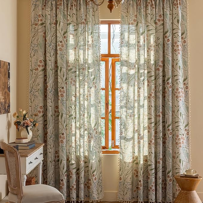 ENJOYBRIDAL Floral 84 Inch Curtains for Bedroom Decor Drapes Floor Length Semi Sheer Rod Pocket Living Room Window Curtain Panels Light Filtering Boho 4 Panels Tassel Vintage Window Treatments