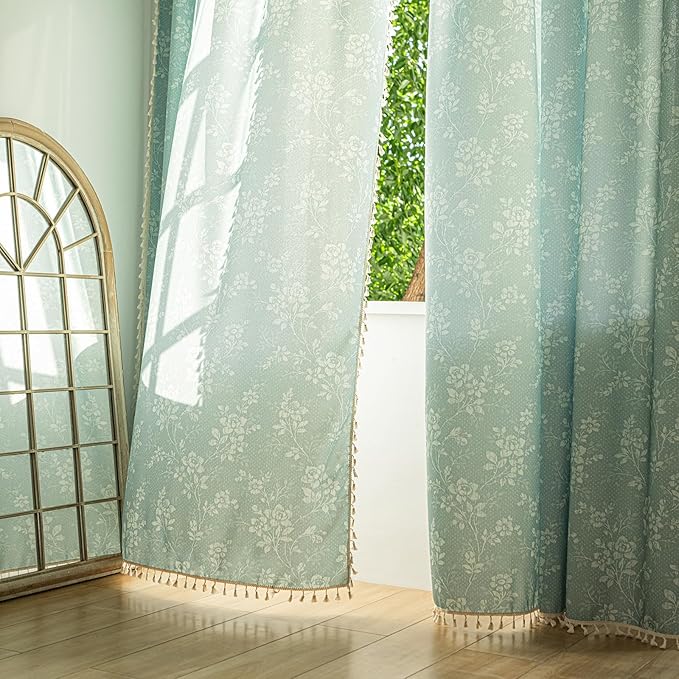 ENJOYBRIDAL Floral Curtains 63 Inch Length Sage Green Farmhouse Drapes Living Room Bedroom Semi Sheer Rod Pocket Window Curtain Panels Short Rustic Boho Retro 2 Panel Sets Window Treatments