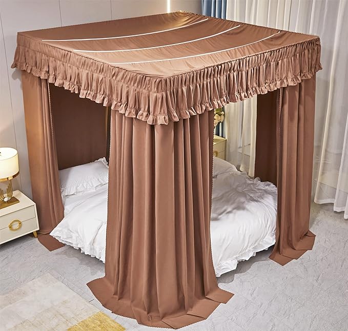 VETHIN Elastic Roof Style Four Corner Post Princess Bed Canopy Curtains Cozy Breathable Tent Canopy Mosquito Net for Girls & Adults Bedroom Decoration (Brown, 47-53" W*78" L*82"*H/(Twin-Full))