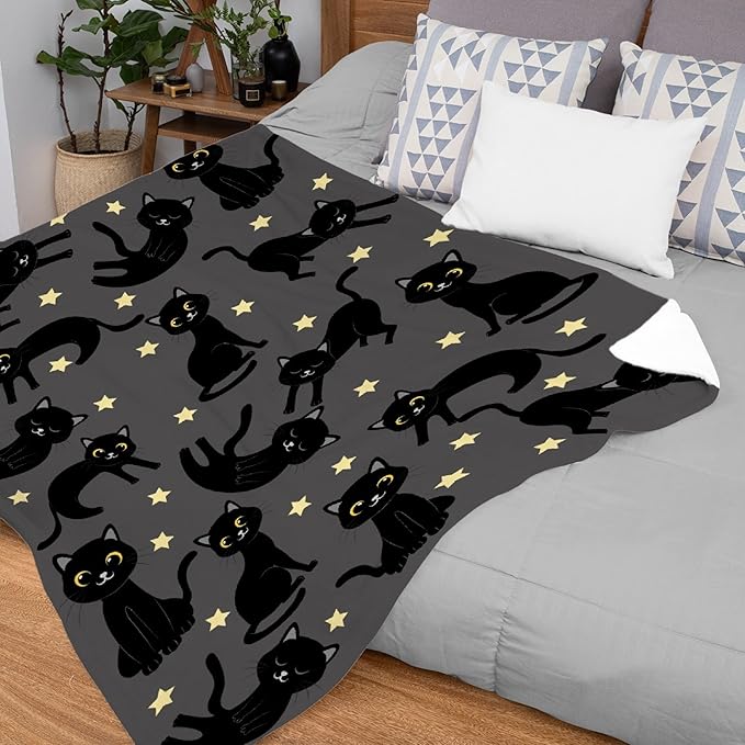 Thuswarm Cats and Stars in The Dark Flannel Throw Blanket Warm Cozy Soft Funny Print Blankets for Bed Couch Sofa Room Decoration Gifts 80”×60” Large for Adult