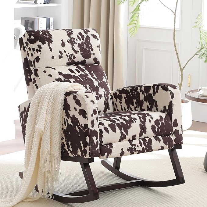 Rocking Chair Nursery with Foot Rest, Nursing Rocking Chairs for Mom Nursery, Rocker Glider with High Backrest for Living Room, Bedroom, Cow Printed