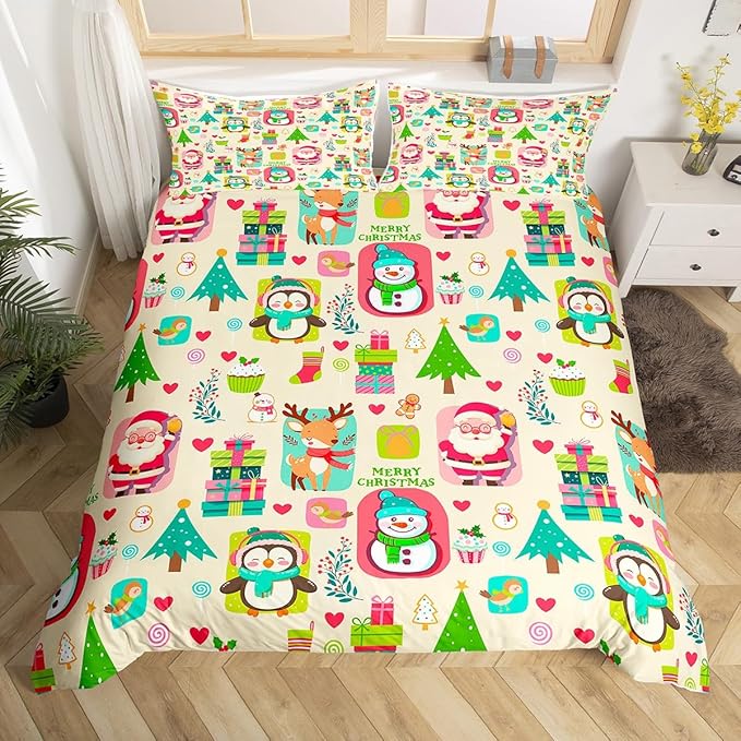 Christmas Comforter Cover Cartoon Santa Claus Snowman Flower Bedding Set Cute Penguin Deer Duvet Cover for Children Boys Girls Microfiber Gift Boxes Bedspread Cover Room Decor Bedclothes King Size