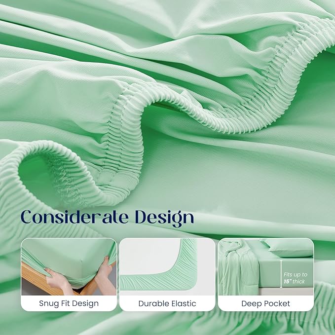 Dream Valley® Twin Sheets Set, Cooling Fitted Sheet with 1 Pillowcase-2 PCS with No Flat Sheet,Q-Max > 0.4 Aerocool, Cooling for Night Sweats, Hot Sleepers,deep Pocket up to 15",Mint Macaron