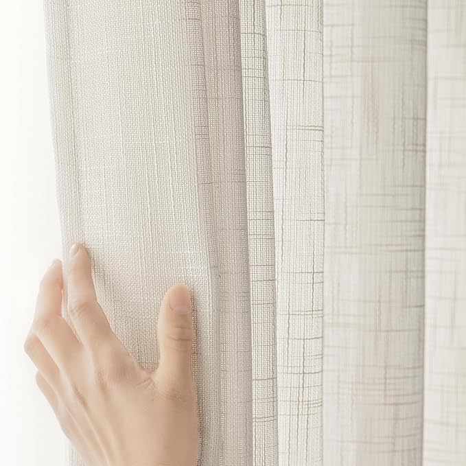 FMFUNCTEX Linen Semi Sheer Natural Curtains for Bedroom Living Room, Beige Curtain Panels 72 Inches Length Sheer Linen Textured Window Drapes Farmhouse Light Filtering 2 Panels Rod Pocket