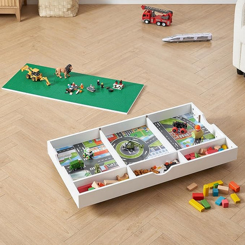 3 in 1 Construction Play Table Compatible with Lego, Kids Activity Train Table with Storage, Building Block and Train Car Conveniently Store Under Bed or Sofas