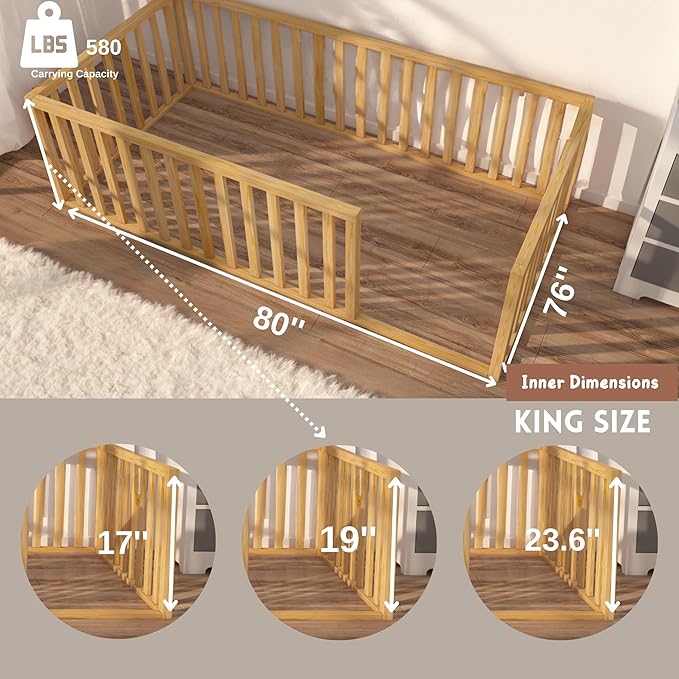 Montessori Floor Bed for Kids 75.8'' x 80'' King | Toodlers Floor Bed with Safety Guardrails | Pine Wood Baby Bed | Sturdy Wood Frame Bed for Girls and Boys (King, Height : 23.6 Inches)