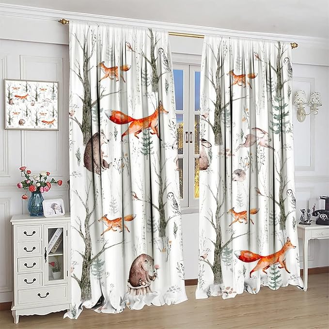Rustic Forest Window Curtains, Watercolor Woodland Animals Owl Hedgehog Fox Butterfly Forest Squirrel and Bear Blackout Windows Door Curtain for Bedroom Living Room Home Decor 42x63in