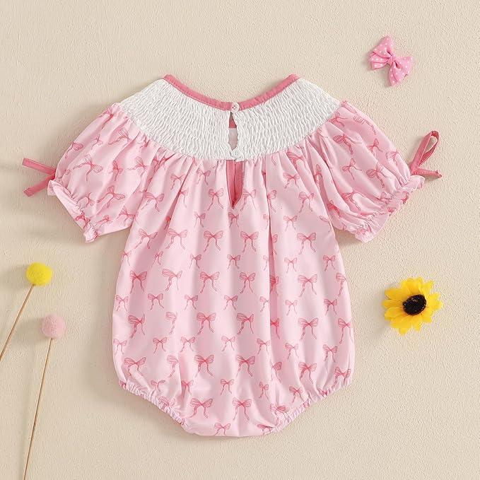 Newborn Baby Girl Romper Mamas Mini Bow Plaid Print Puff Sleeve Smocked Bubble Romper Jumpsuit Bodysuit Clothes