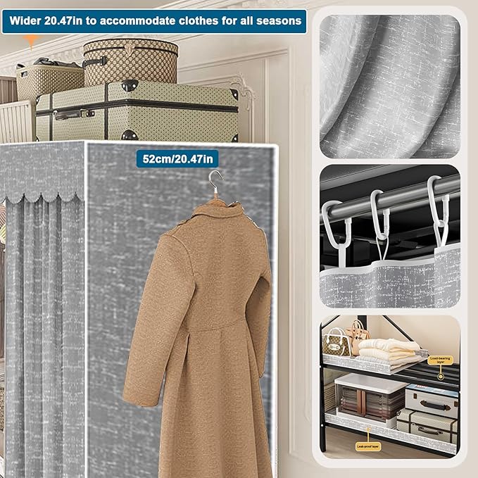 FPIGSHS Heavy Duty Clothes Rack with Cover Foldable Covered Clothes Rack for Hanging Clothes portable Wardrobe Closet System Freestanding Coat Storage Garment Racks for bedroom (grey, 49.2in)