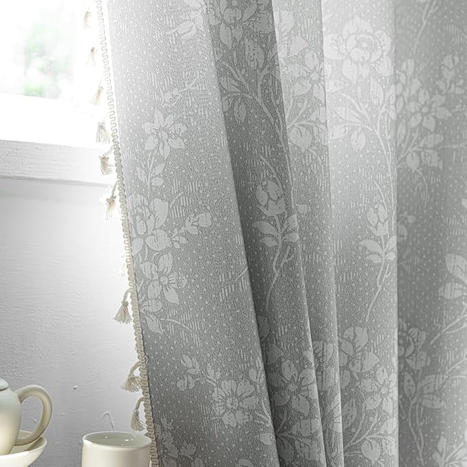 ENJOYBRIDAL Floral Curtains 63 Inch Long Grey Light Filtering Drapes Rod Pocket Bedroom Living Room Short Window Curtains 2 Panel Sets Semi Sheer Farmhouse Boho Cute Window Treatments