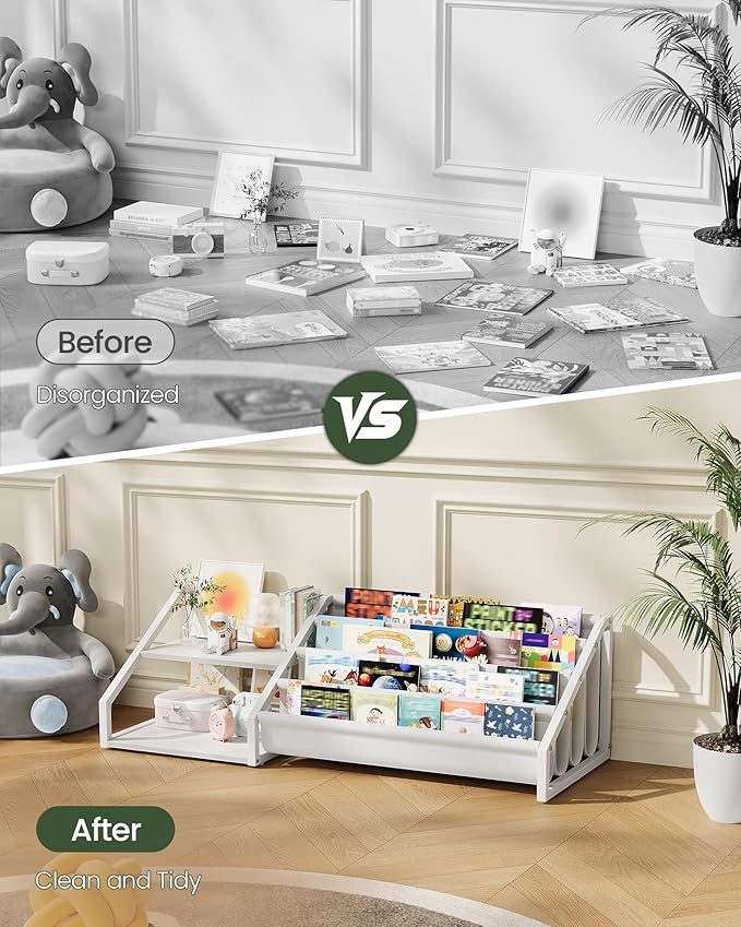 Kids Bookshelf, Book Shelf for Kids Rooms, Toddler Bookshelf with 2 Open Shelves and 4-Tier Sling Rack, for Kid Room, Nursery, Bedroom, Playroom, White TCW06WB