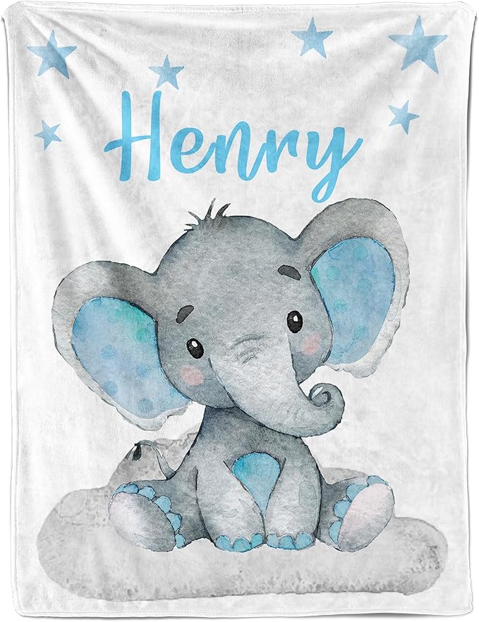 Ship Next Day, Personalized Baby Blanket for Boys Girls, Custom Elephant Blanket with Name, Newborn Receiving Blankets for Swaddle Toddler, Baby Shower Birthday Kids Blankets Unisex