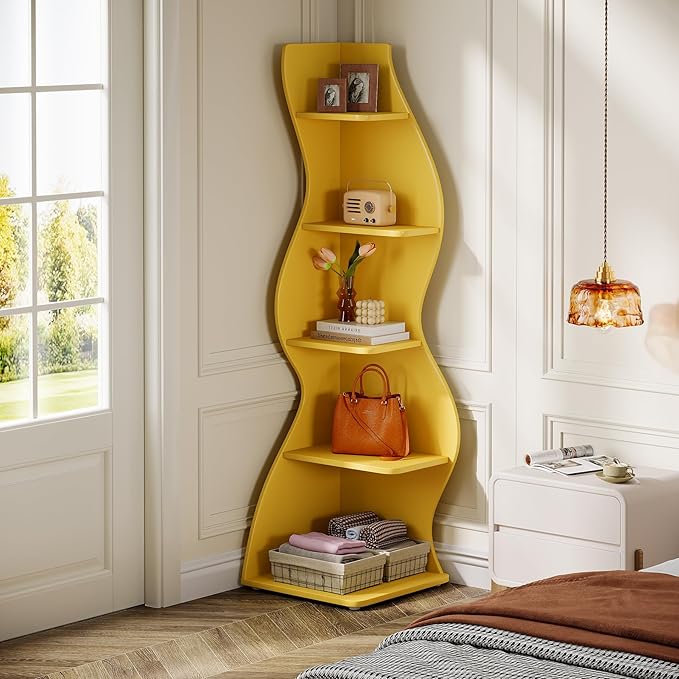 Tribesigns Wavy Corner Shelf, Modern 5-Tier Bookshelf Bookcase with Curvy Shape, Unique Plant Stand Display Rack for Living Room Small Space (Yellow)