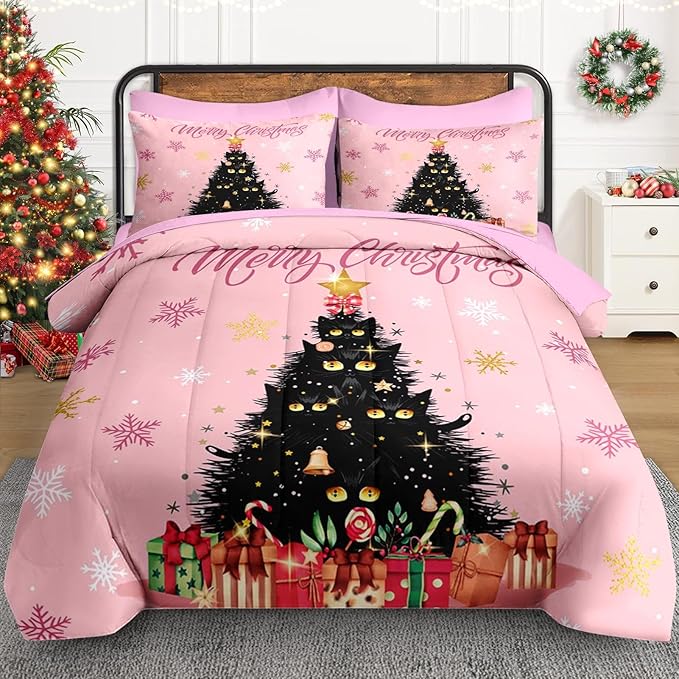 7 Pcs Queen Size Christmas Comforter Set with 2 Pillowcases & 2 Shams, Black Cat Xmas Trees Bedding for Kids and Adults, Pink Snowflakes Bed in a Bag with Flat Fitted Sheet