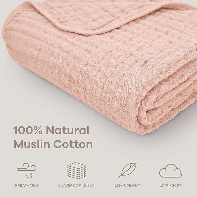 Comfy Cubs Muslin Baby Blanket - Soft, Lightweight, 6-Layer Cotton Swaddle Blankets for Newborns, Infants & Toddlers - 40" x 40" Large, Breathable & Versatile for Sleeping & Tummy Time - Blush