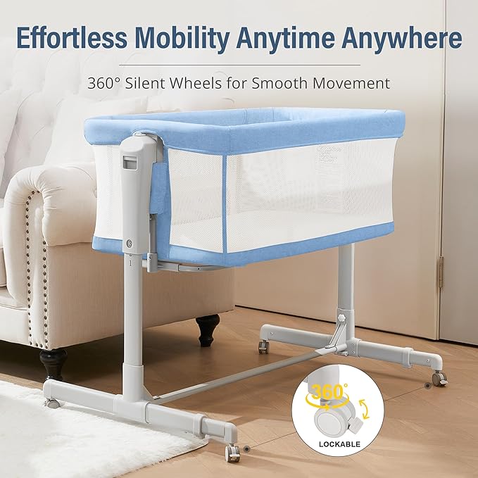 Baby Bassinet Bedside Sleeper 3-in-1, Easy Night Feeding with One-Side Fold & Rolling Wheels, Breathable Mesh, 6-Height Adjustable, Soft Mattress for Newborns