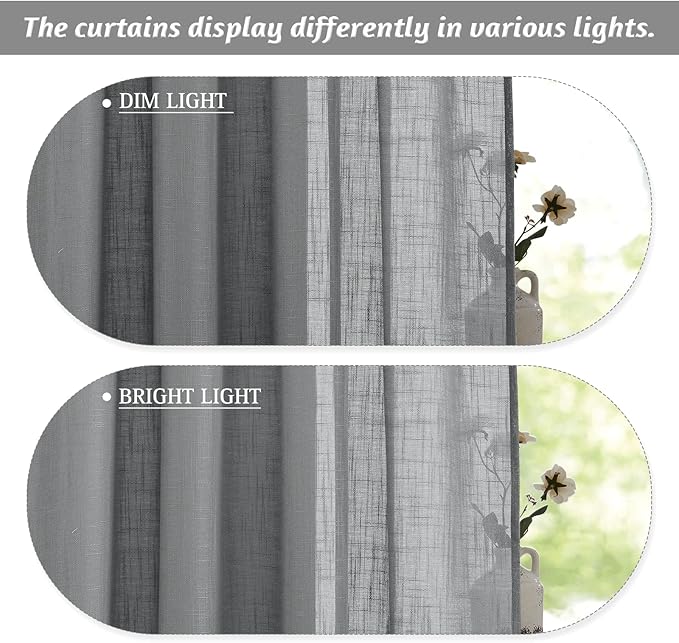 RYB HOME Semi Sheer Curtains - Linen Textured Sheer Privacy Protect Light Glare Filtering Window Curtains for Bedroom Bathroom, W 52 x L 72 inches, 1 Pair, Grey