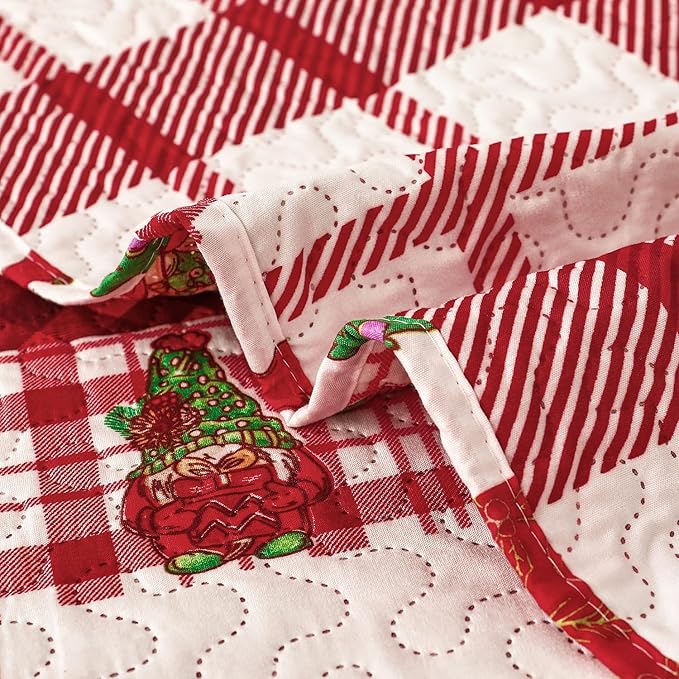 Gnome Christmas Quilt Bedding - King Size, Red Plaid, Holiday Lightweight Reversible Quilt Bedspread