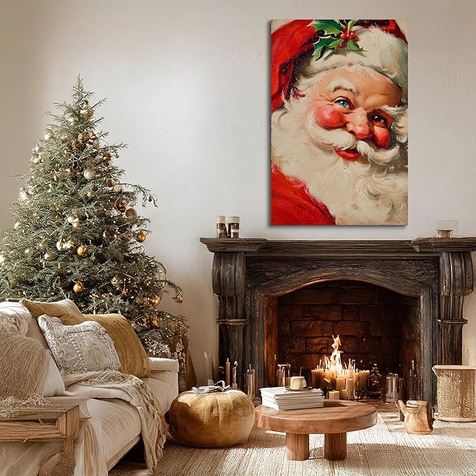 YONICA Christmas Canvas Wall Art Classic Santa 36x46 Inch Traditional Oil Painting Portrait - Large Framed Gallery Wrapped Living Room Art