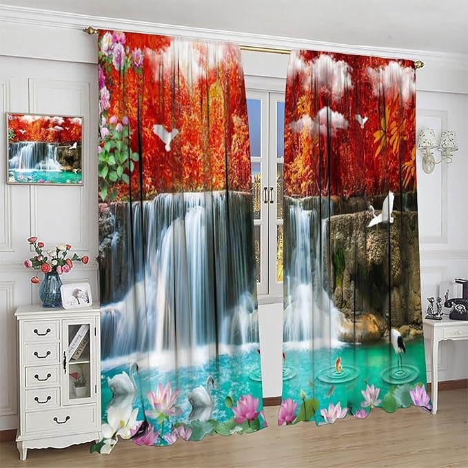 Nature Blackout Curtains, Waterfall Landscape Forest River Crane Fish Floral Pattern Rod Pocket Window Drapes, for Bedroom Living Room 42" W X 45" L